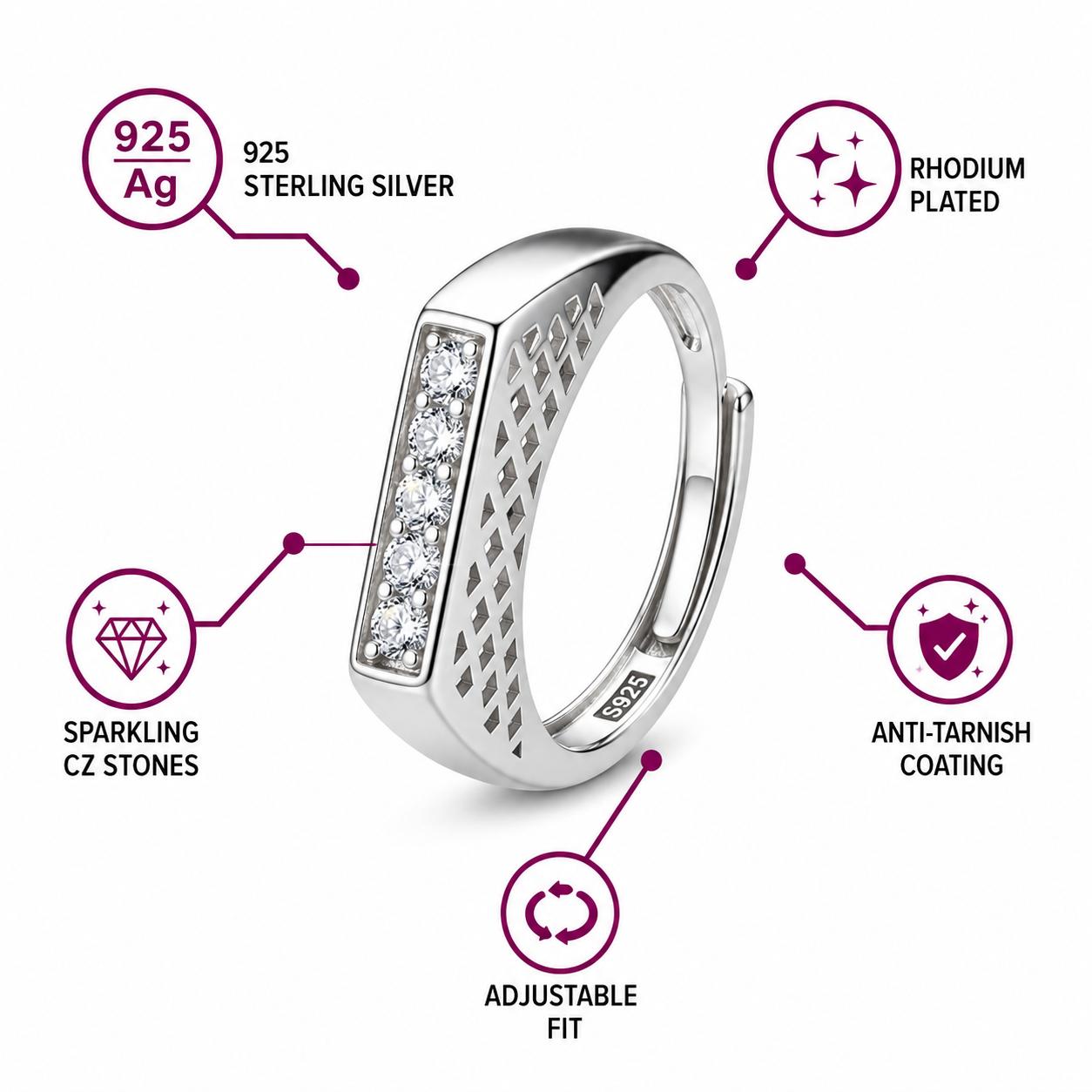 925 Sterling Silver Cz Bar Adjustable Ring Men's Ring - Image 4